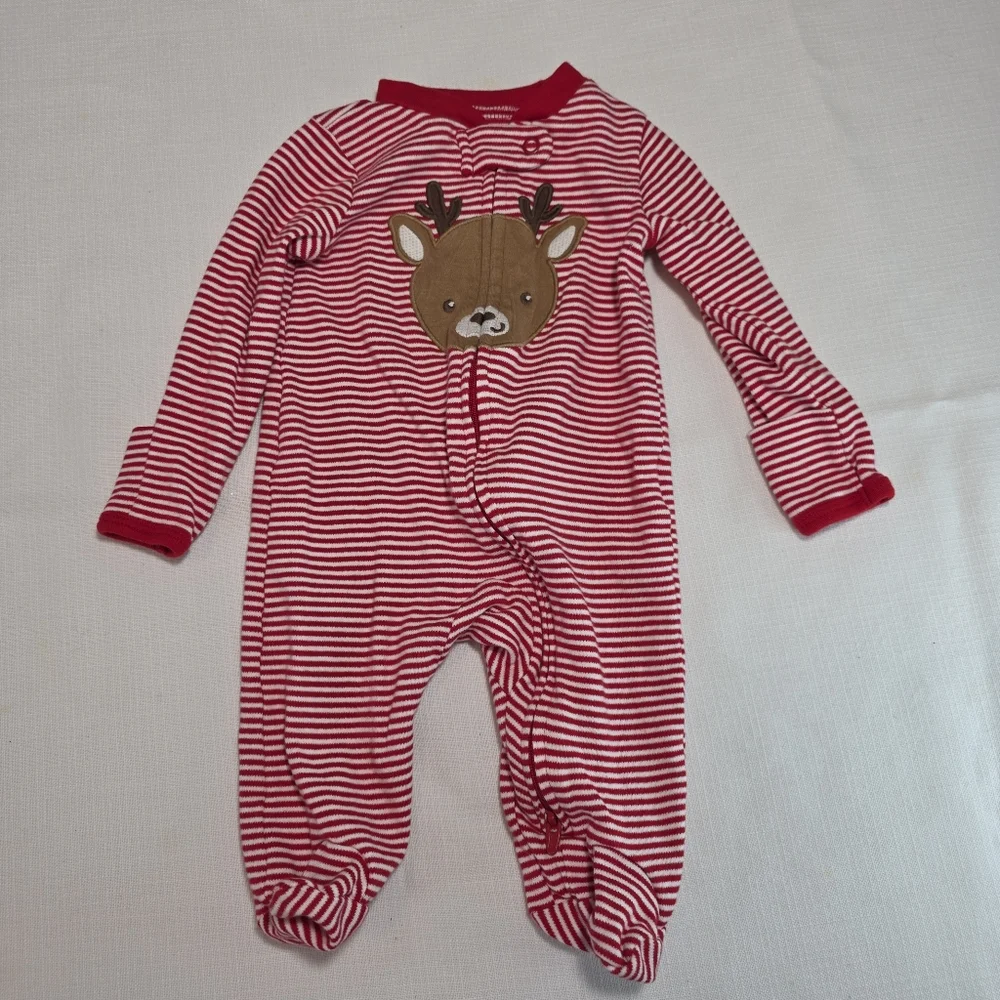 Carter's Striped Red White Brown Reindeer One Piece Christmas Sleeper 3 Mo EUC
